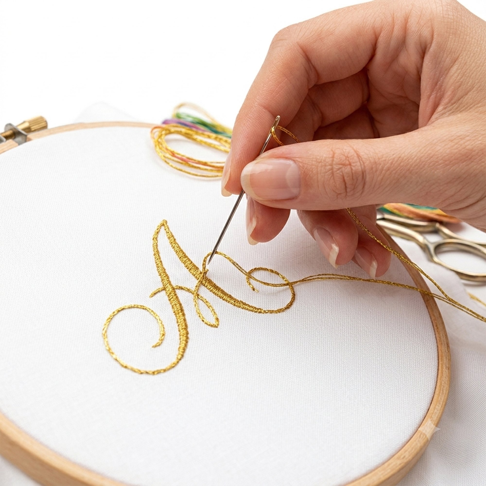 Ręce haftujące delikatny monogram